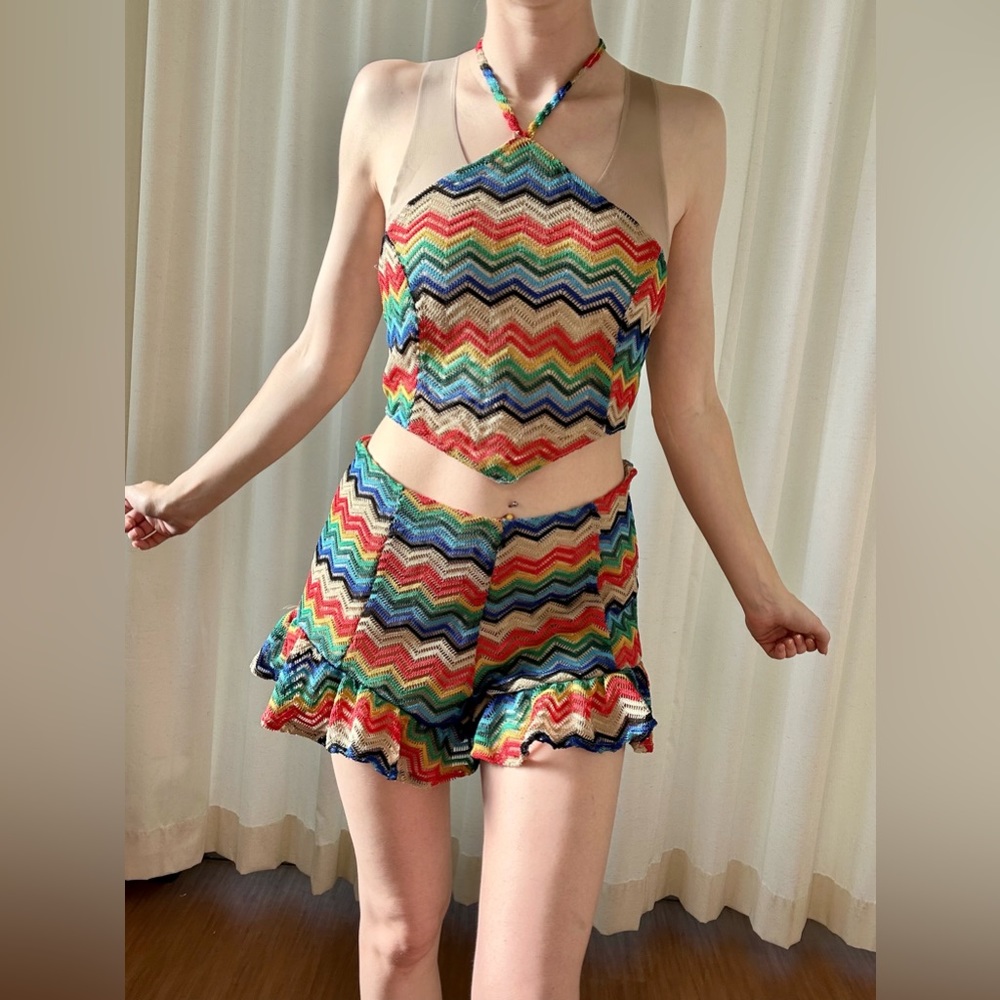 Rainbow Rocking Short Set Halter Top Chevron Ruffled